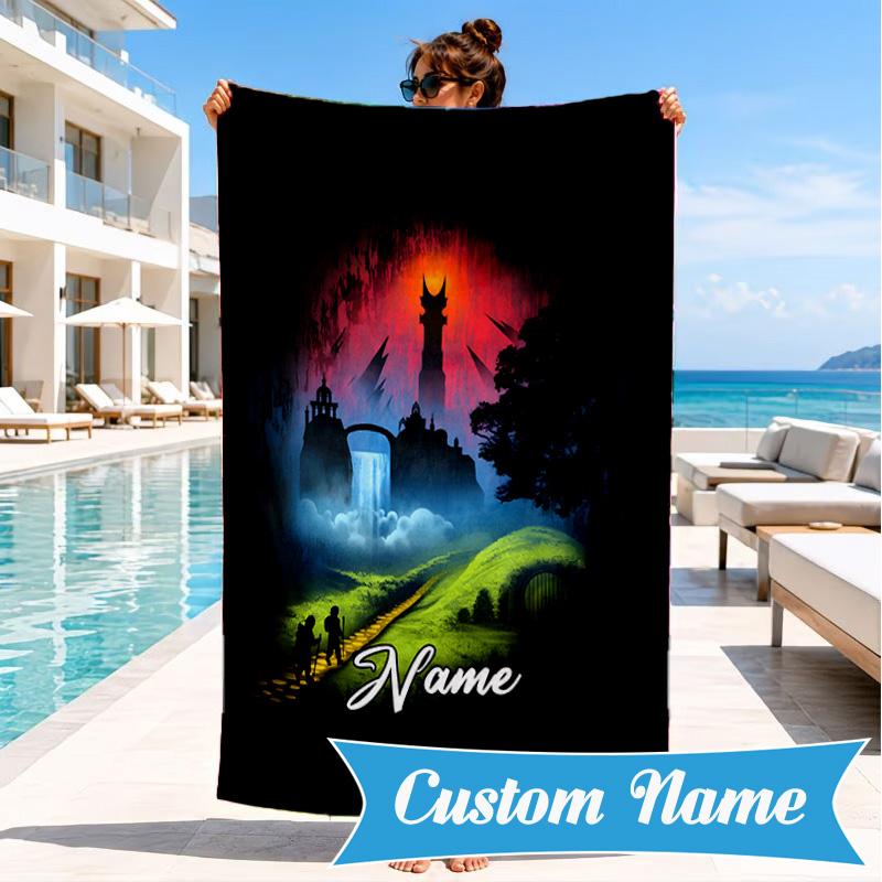 Custom Name Flame Sword: Lord Battle Heart In Space Adventure Microfiber Beach Towel, Lightweight for Summer Travel, Swimming Pool Fan Gift