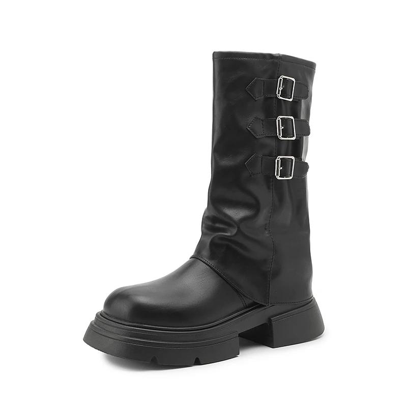 Women's Thick Sole Knight Boots Square Heel Round Head Platform Shoes Turned-over Edge Middle Tube Botas De Invierno Para Mujer