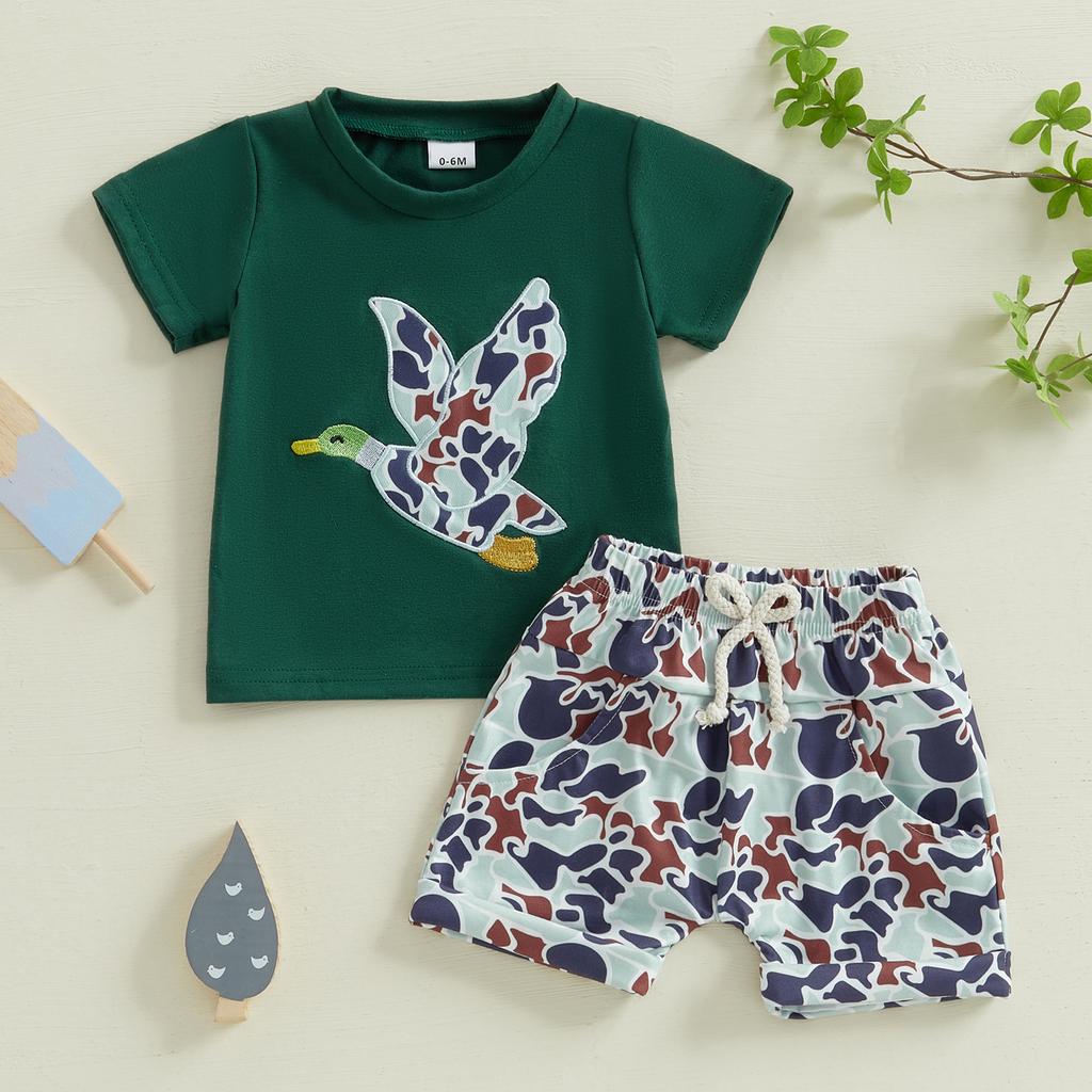 Boys Summer Shorts Sets Short Sleeve O Neck Duck Embroidery Tops and Camouflage Shorts Sets