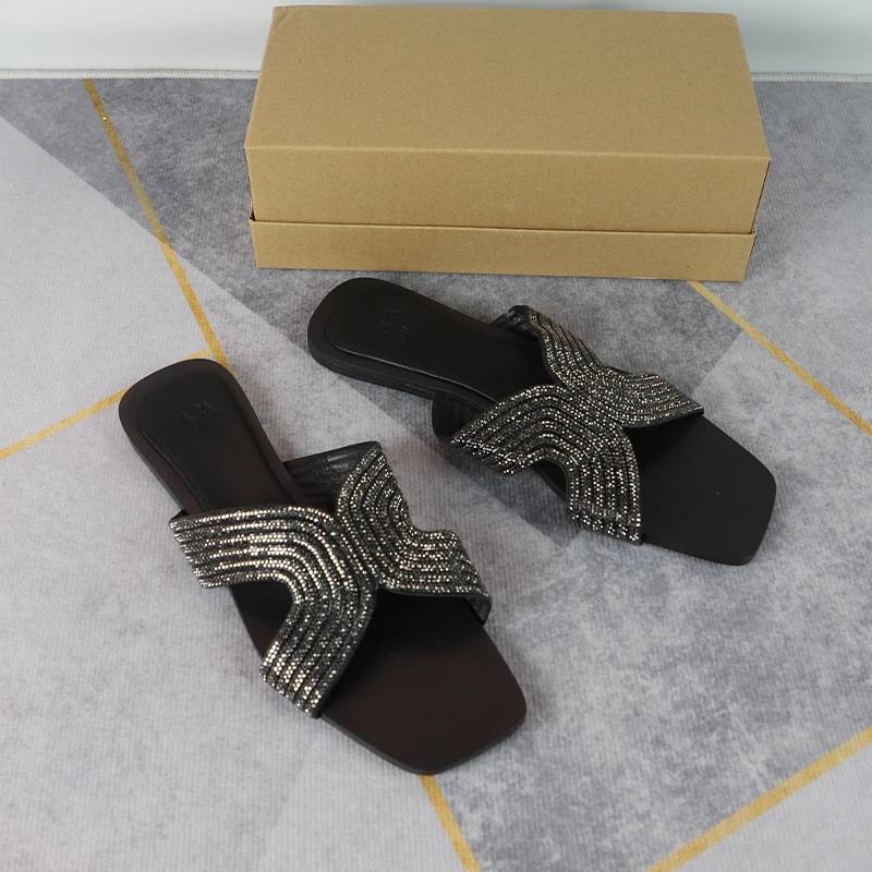 Fashion Women's Sandals 2024 Low Heel Summer Fashion Bling Square Toe Slippers Comfortable Outdoor Slides Broken Diamond Shiny Fashion