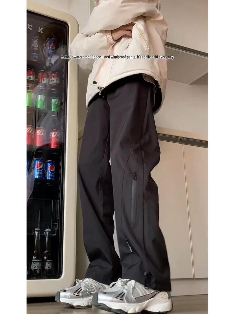 Men's Winter Fleece-Lined Windproof Waterproof Mountaineering Pants - Loose Straight-Leg Casual Long Pants