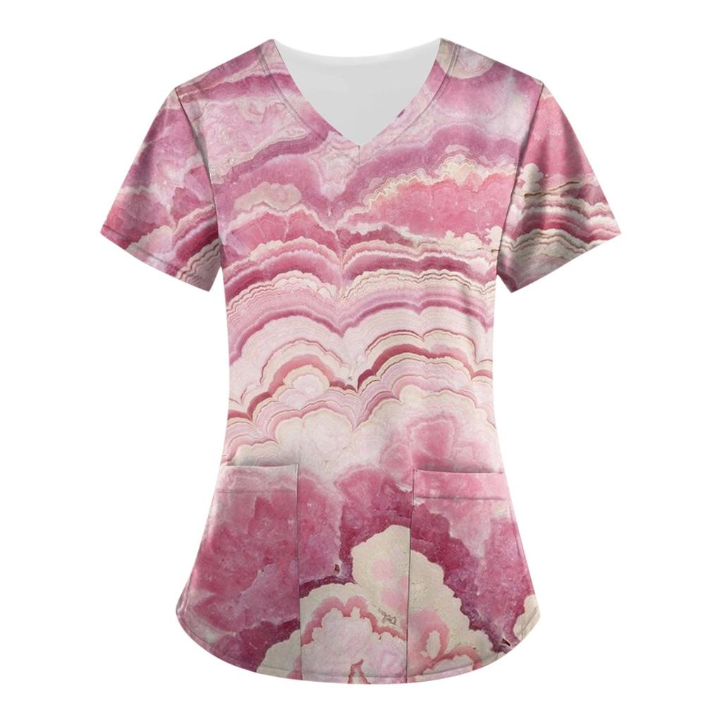 Женские топы с короткими рукавами и v-образным вырезом с принтом, рабочая форма, карманная блузка