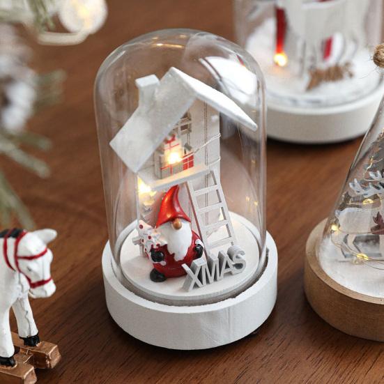 Christmas Figures In Glass Dome Tabletop Decoration LED Light Up Christmas Cloche Ornaments for Indoor Home Tabletop Decor