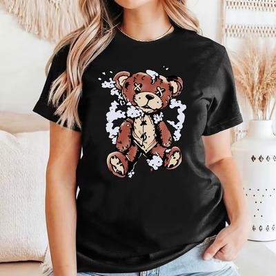 Мультяшная хлопковая футболка с медведем, с коротким рукавом, мягкая футболка, круглый вырез, женские топы с 2D-принтом