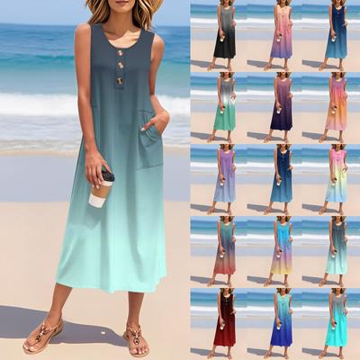 Женское летнее платье с градиентным принтом, без рукавов, на пуговицах, повседневное, свободное, длинное пляжное платье-сарафан