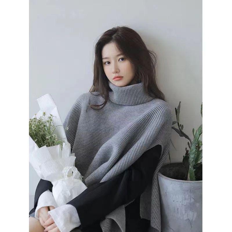 High Necked Irregular Women's Pullover Sweater Solid Color Ladies Cape Shawl Korean Style Simple Versatile Knitted Shawl