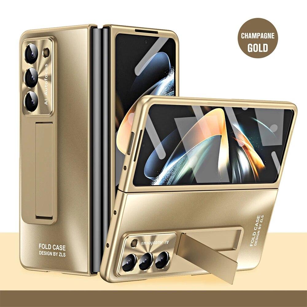 Чехол для Samsung Galaxy Z Fold 5 4 3 5G, роскошный невидимый кронштейн, жесткий ПК с прорезью для ручки, стеклянная передняя пленочная крышка для Z Fold5 Fold4