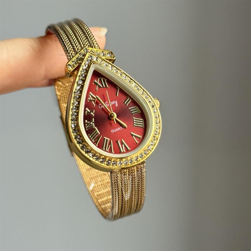 Vintage Luxury Gilded Diamond Waterdrop Dial Watch Fashion Women Quartz Watch Roman Scale Watches Reloj De Mujer