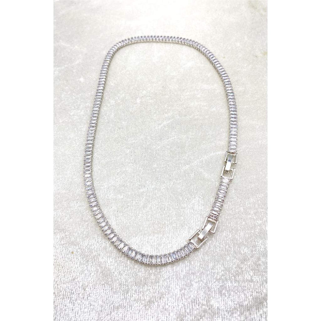 Women's Silver Zircon Baguette Waterway Necklace Earring Bracelet Jewelery Set Suit