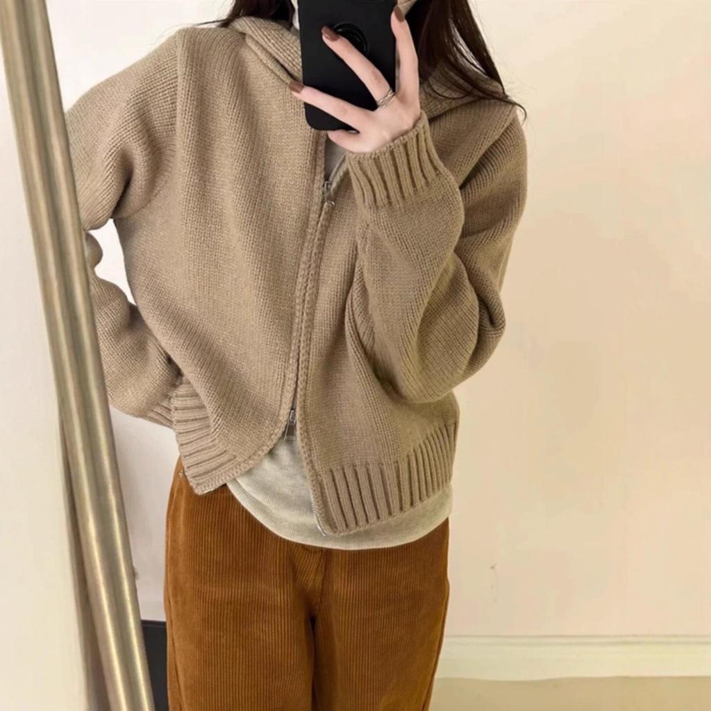 Women's Autumn/Winter Hooded Wool Knit Cardigan - Double Zipper Short Loose Sweater Coat