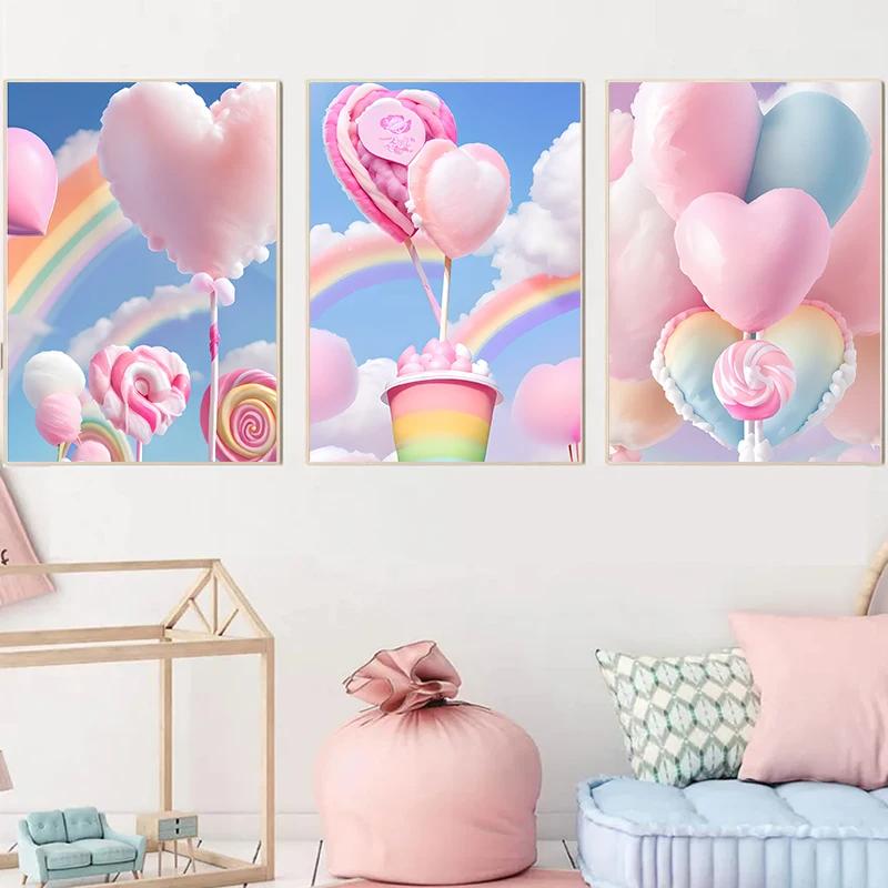 Colored Cotton Candy Rainbow Love Heart Posters Prints Canvas Printing Wall Art Picture for Girl Room Dessert Shop Decor Gifts