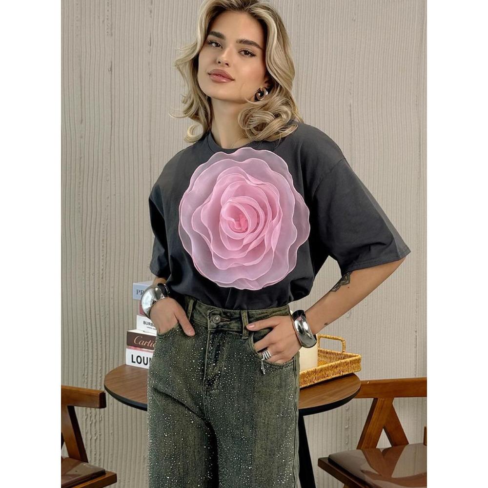 Hirsionsan 2025 Кислотно-стираемая винтажная футболка уличная эстетическая шикарная футболка с цветком женская повседневная хлопковая футболка с коротким рукавом Y2k