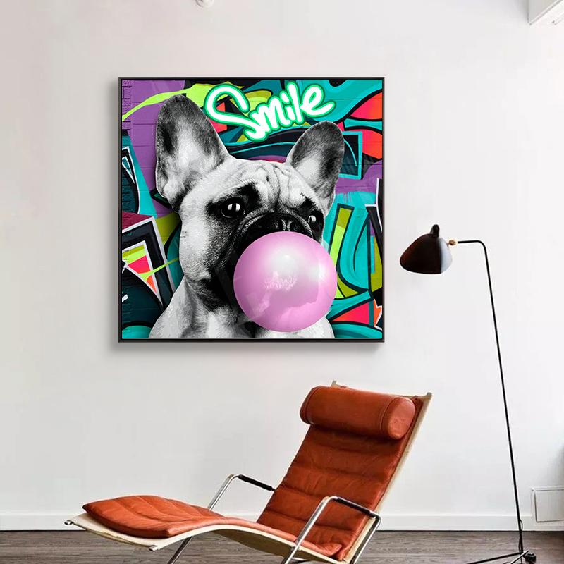 Funny French Bulldog Pink Bubble Gum Poster Canvas Painting Abstract Animal Colorful Dog Wall Art For Modern Home Kid Room Decor