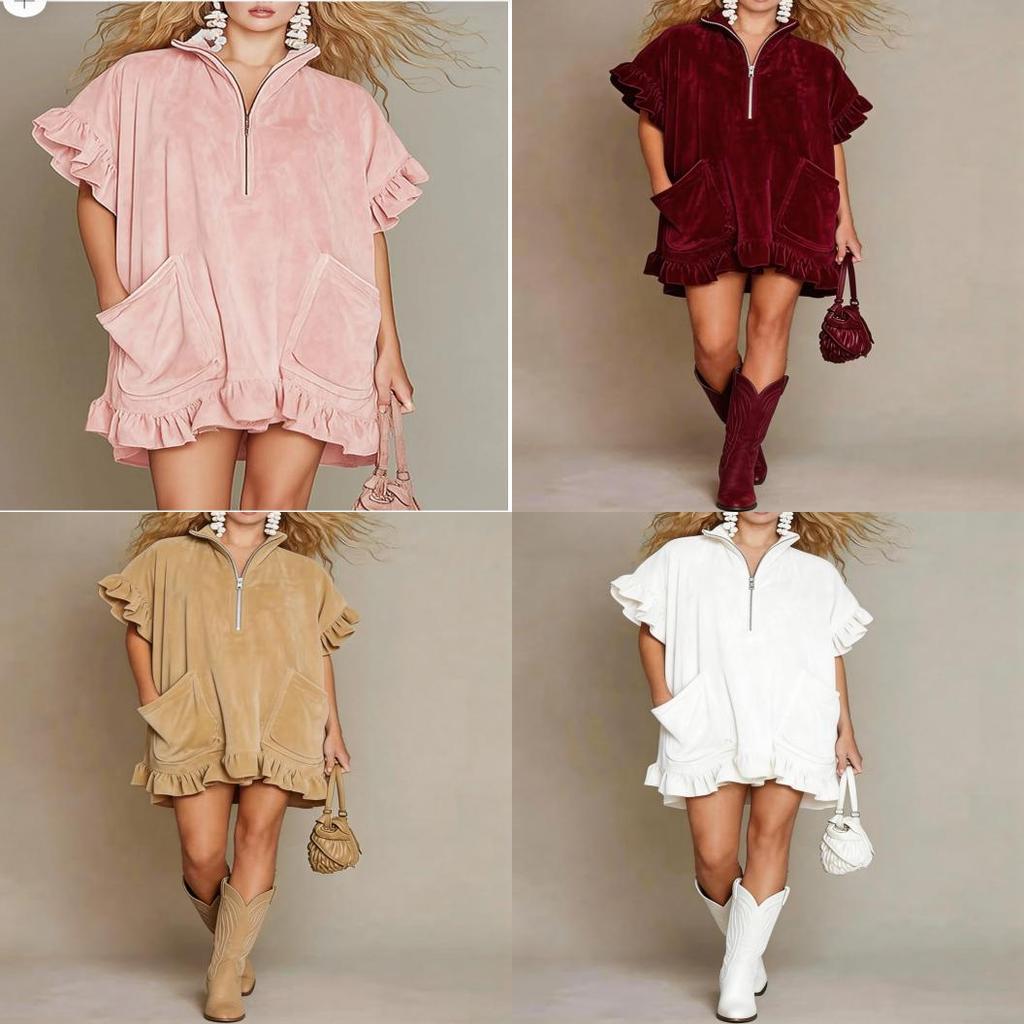 Streetwear A Line Dress With Zipper And Ruffle Sleeves For Casual Travel Or Party