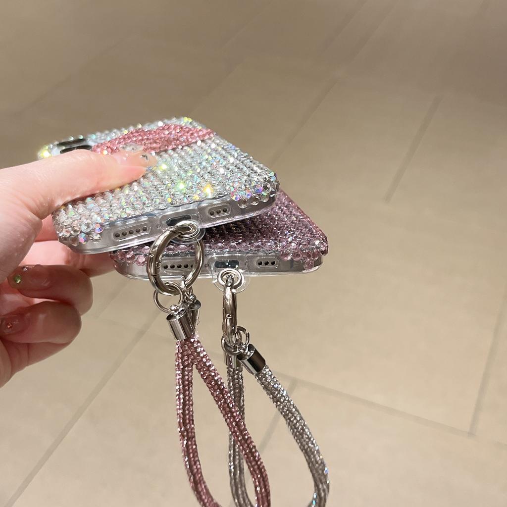Чехол для iPhone 16 с ремешком, полностью украшенный стразами, декор в виде губ, задняя крышка телефона из ТПУ+ПК