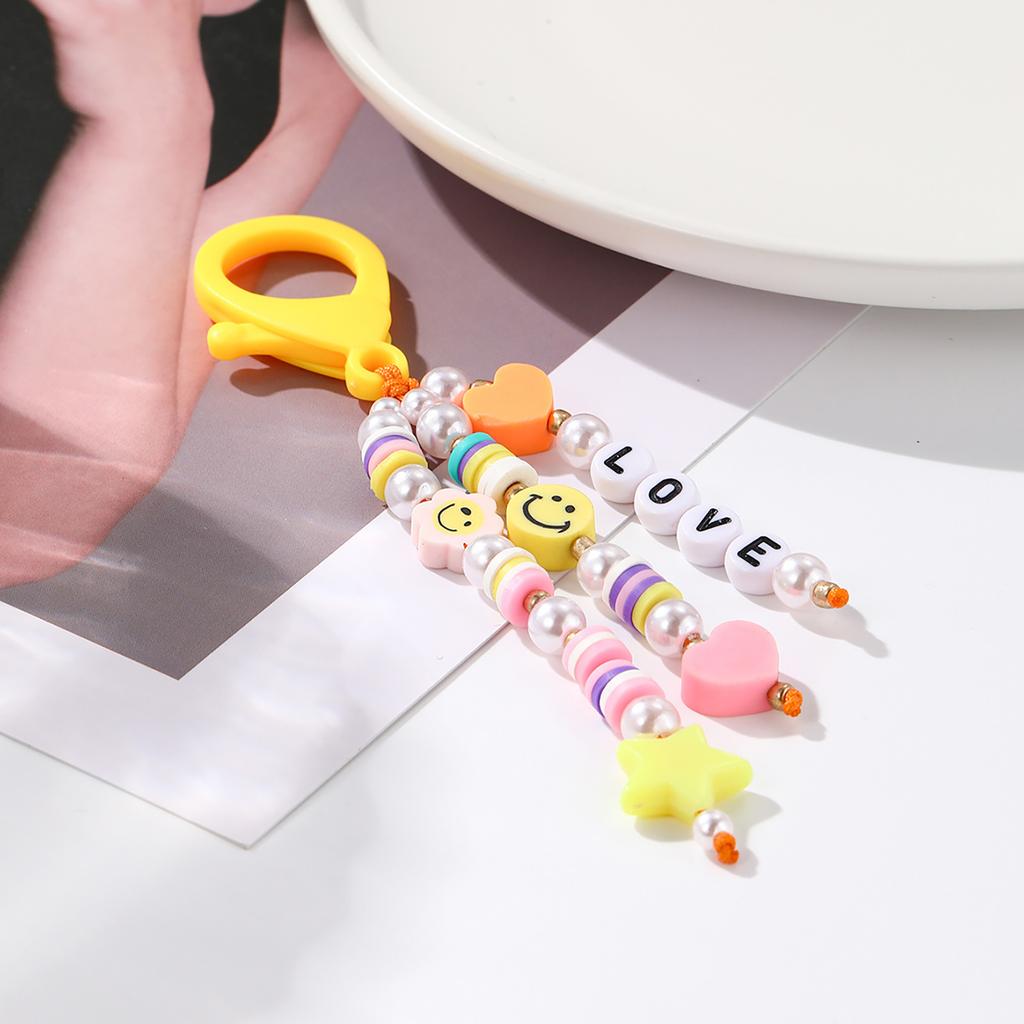Colorful Bead Keychain Charm for Kids and Students School Bag Pendant Smiling Face and LOVE Letter Beaded Keychain