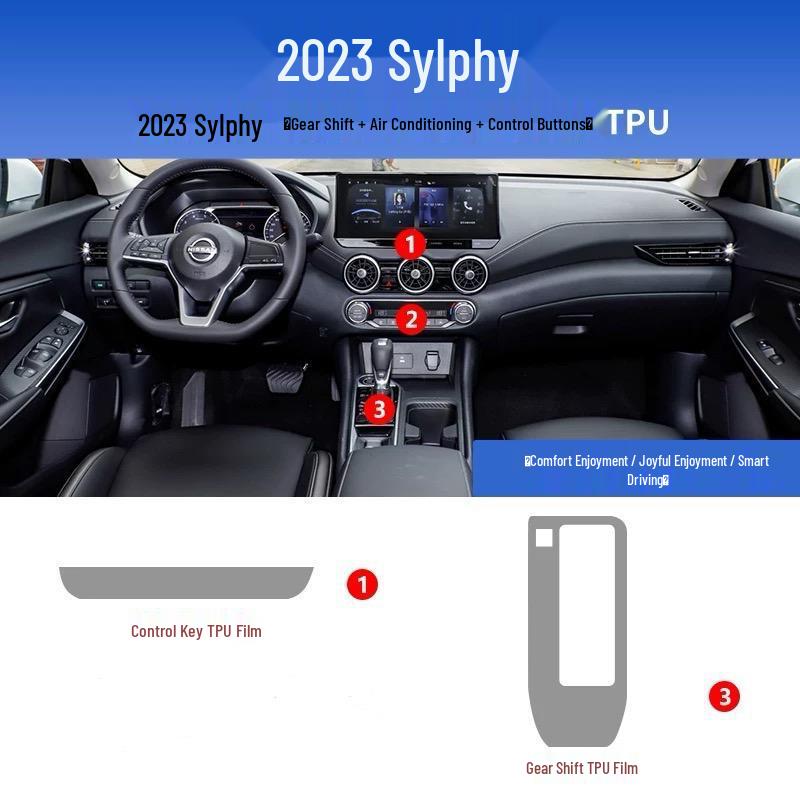 Защитная пленка для интерьера Nissan Sylphy: Центральная консоль, Рычаг переключения передач, Экран навигации, Наклейка на стойку B - ТПУ