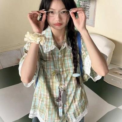 Кружевной пэчворк, клетчатая рубашка с короткими рукавами для женщин, контрастные цвета, летняя рубашка, повседневная, милая, универсальная женская одежда