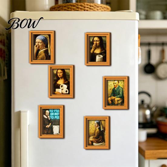 Modern Office Storage Decor Funny Small Wooden Fridge Magnet Picture Frame, Vintage Oil Painting Pattern Soft Magnetic Art Display Refrigerator Locker