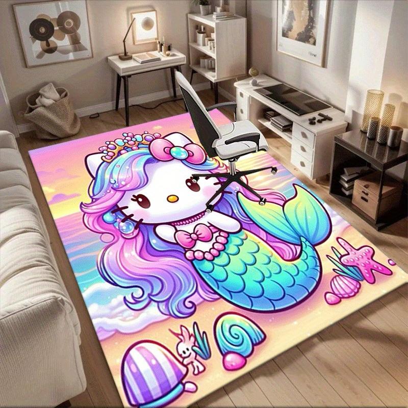 1 шт. Sanrio Hello Kitty Ковер для офиса с принтом русалки Прямоугольный коврик под стол, Идеальный декор для гостиной, спальни, кухни, Нескользящий пол