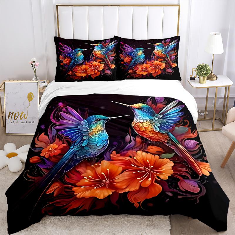 3pcs Colorful Hummingbirds Amidst Vibrant Flowers Quilt Set Cartoon Themed Bed Quilt Set Lovely Character Bedroom Decor Bed Quilt Set Four Season