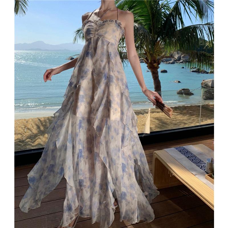 Женские летние свободные платья с цветочным принтом, висящей шеей, талией, открытой спиной, без рукавов, большие качели