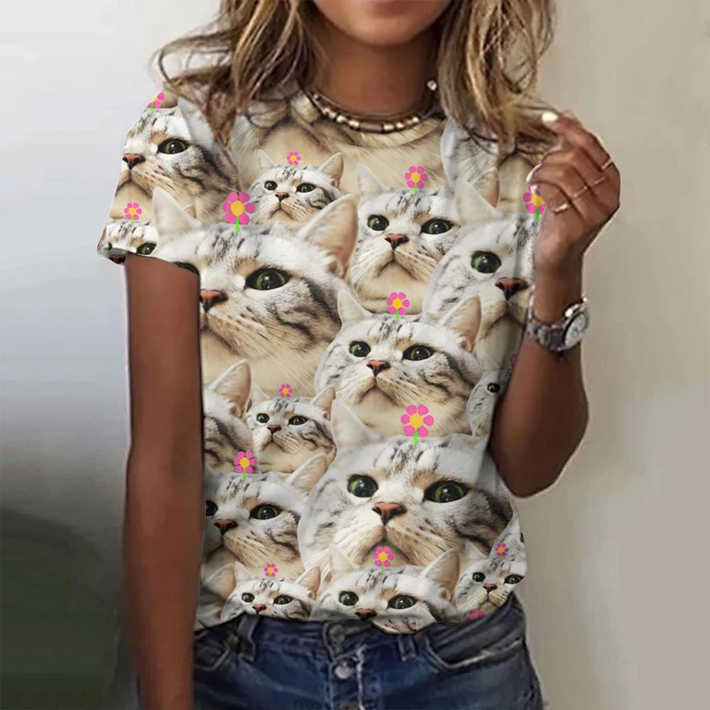 Cute Cat Print Women T-Shirt Harajuku Vintage Short Sleeved Tees O Neck Funny Tee Top Oversized Female Clothing