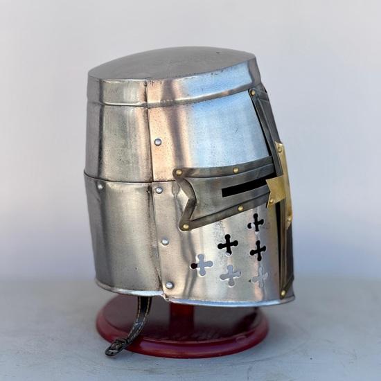 Templar Knight Helmet: Brass Cross, Medieval Replica, Cosplay Armor