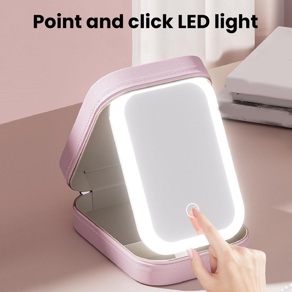 Makeup Bag with LED Mirror Jewelry Storage Box Dimmable Touch Screen Makeup Travel Lighted Case for Home Travel Pink
