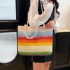 Beach Handbag Strip Weave Bag Large Capacity Hollow Tote Bag Cute Rainbow Beach Bag Vacation
