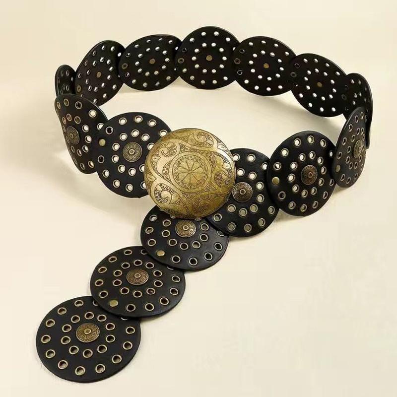 Широкий пояс Boho Disc для женщин, винтажный, из искусственной кожи, полые, в стиле вестерн, ковбойские ремни с металлической пряжкой, увеличенный круглый пояс