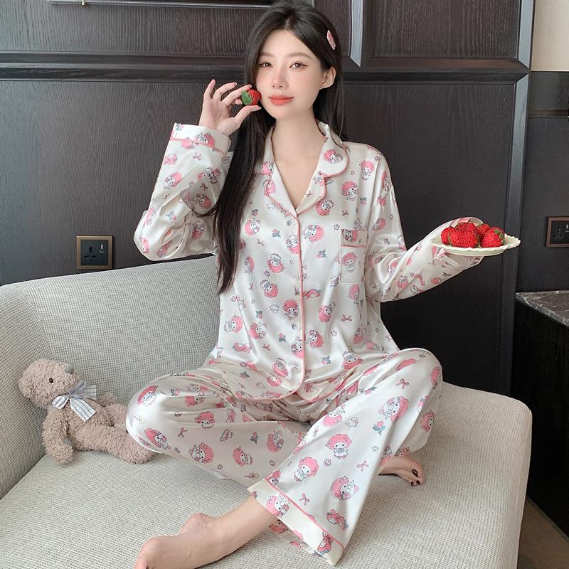 "Korean Ins-Style Imitation Silk Pajamas: Women's Long-Sleeve Cute Bear Dot Set"