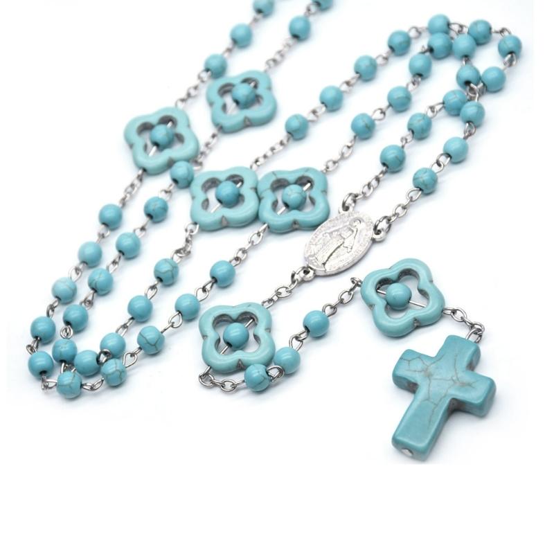 Синие бирюзовые бусины-четки, ожерелья с подвеской в ​​виде католического креста, ожерелья для женщин, ювелирные изделия, медитация, христианские религиозные религиозные