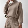 2024 Autumn Women's Solid Color Semi-High Neck Knitted Top and Pleated Skirt Set