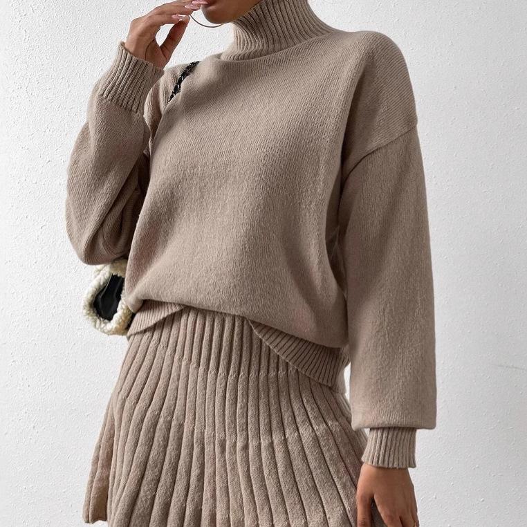 2024 Autumn Women's Solid Color Semi-High Neck Knitted Top and Pleated Skirt Set