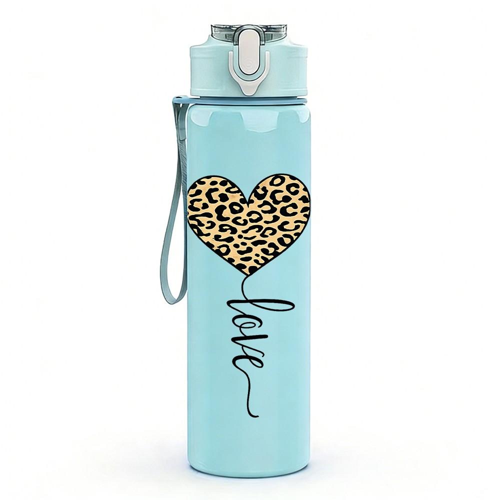 1PC Leopard Print Heart Balloon Art Print 750ml Color Plastic Sports Water Bottle Leakproof Flip Straw Lid Suitable for Sports Office Home Use