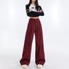 Красные драпированные ретро прямые джинсы для женщин широкие большие размеры весна и осень новые с высокой талией свободные облегающие брюки в пол