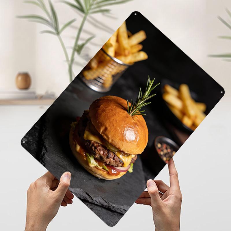 Delicious Burger With Fries on Dark Background Printed Poster Customized Retro Wall Art Vintage Metal Tin Signs for Home House