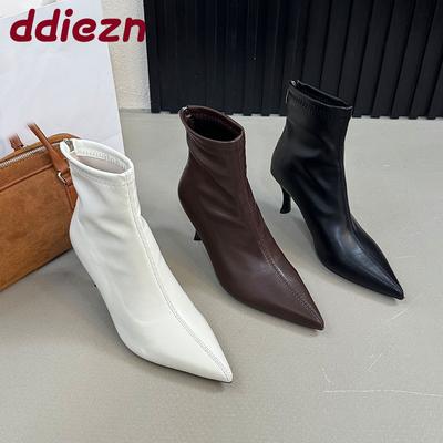 Мода Мода Стрейч Женские Ботильоны На Каблуке Обувь Женская Молнии Обувь Острый Носок Женские Короткие Ботинки Обувь Туфли