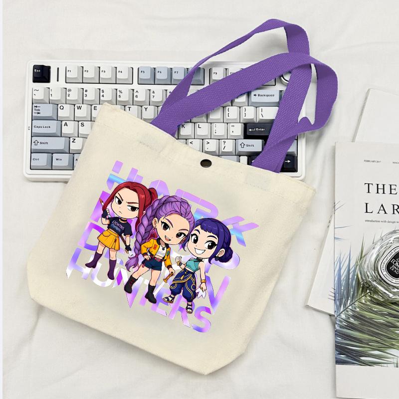 KPop Demon Hunters GIRLS Canvas Shopping Bags Women Cotton Tote Bags Reusable Cartoon Letter Shoulder Bag Grocery Handbag Beige