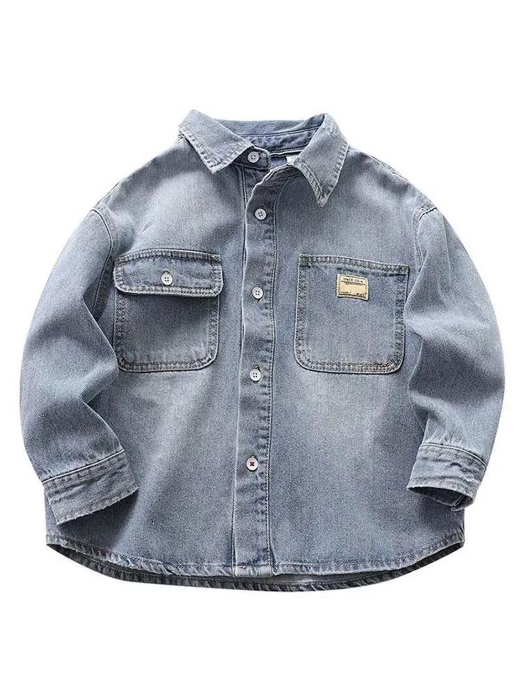 Джинсовая рубашка для мальчиков. Детское тонкое пальто с лацканами. Рубашка с длинными рукавами.