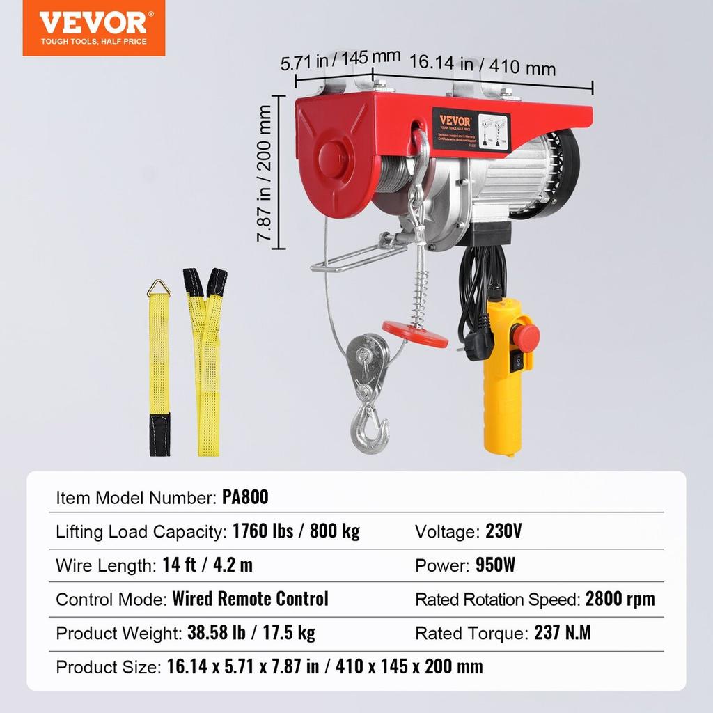 Electric Hoist Crane Winch 1760 lbs with 14 ft Wired Remote Control 230V