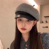 Hat Women's New PU Leather Brim Octagonal Hat Women's Autumn and Winter Woolen Peaked Cap Versatile Newsboy Hat Trend