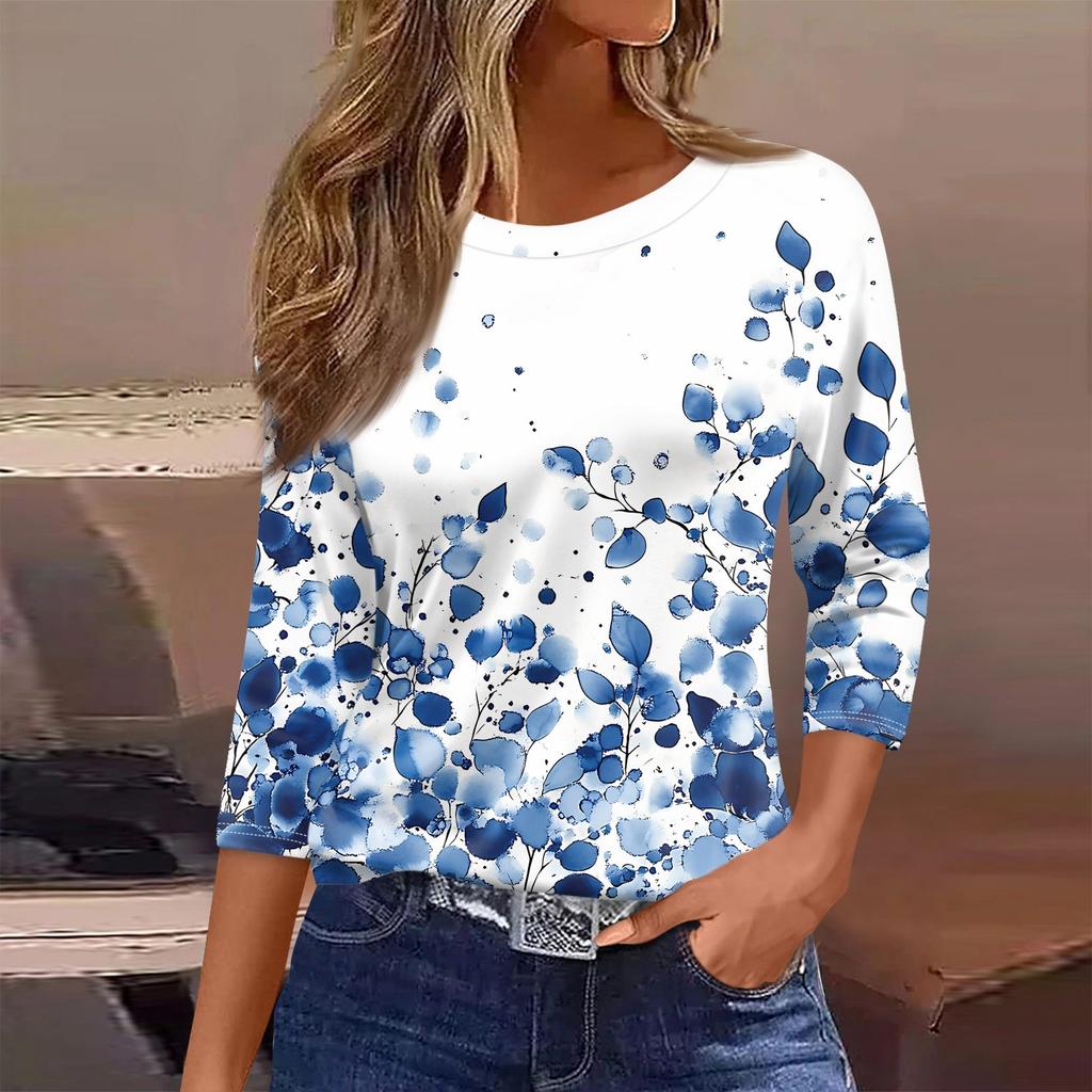 Женская футболка с принтом, рукав 3/4, повседневная, модная, на выходные, базовая, с круглым вырезом, стандартный топ