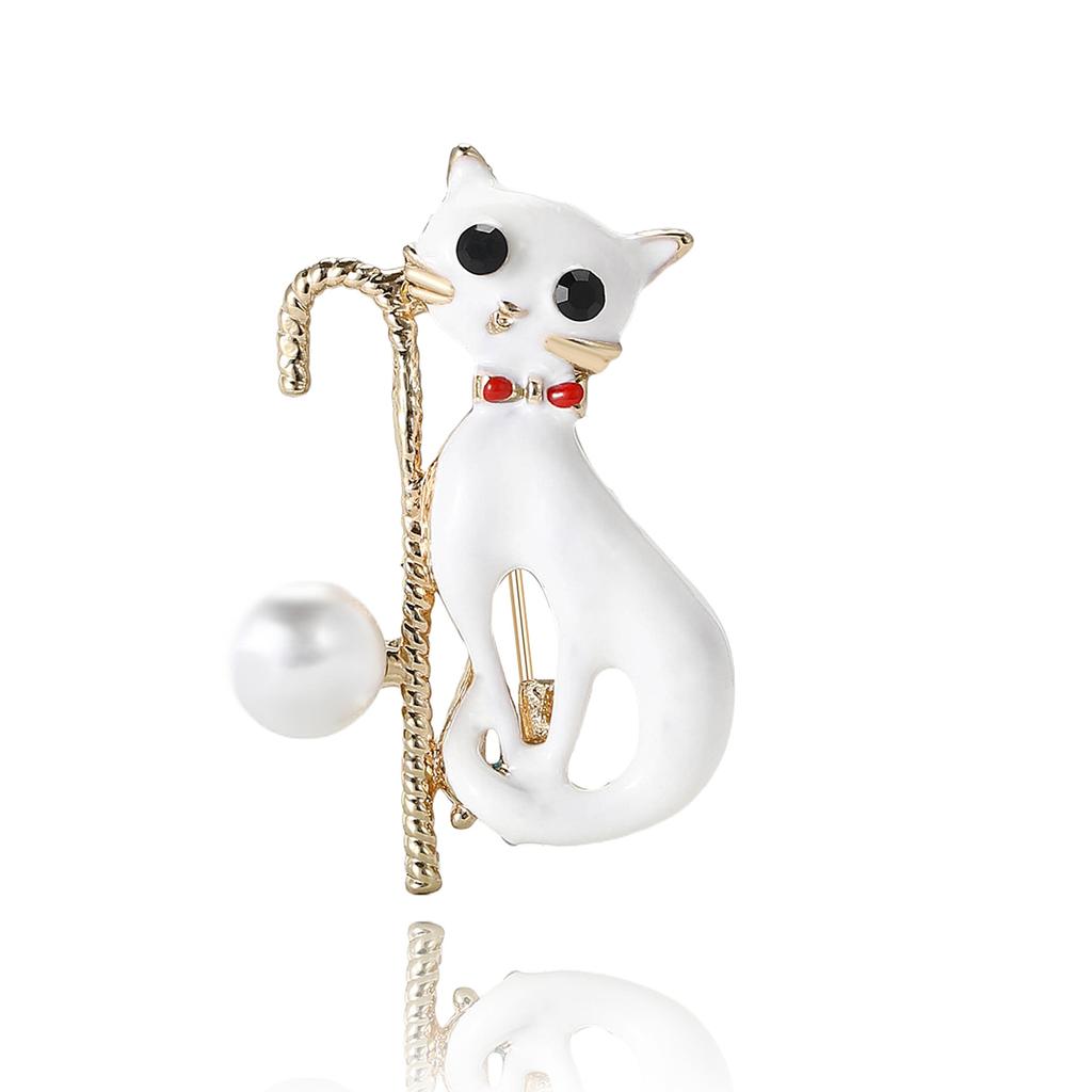 Cute Alloy Enamel Cane Cat Brooch Versatile Temperament Women'S Suit Shirt Corsage Jewelry Pin