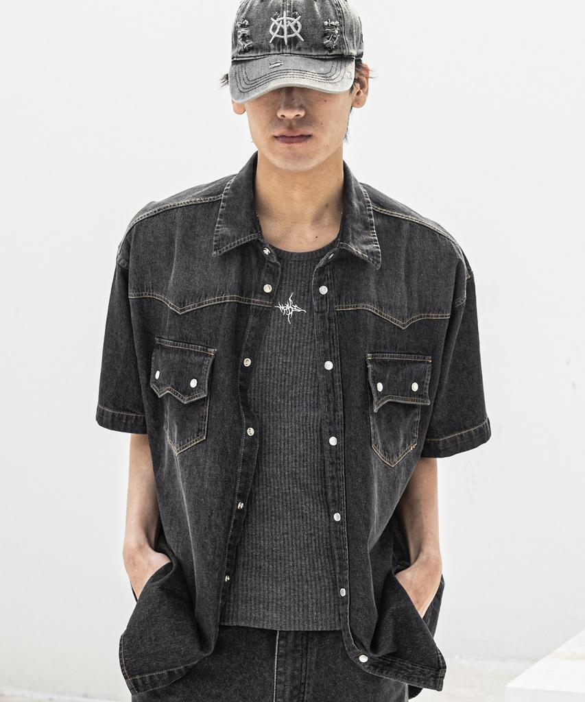 MASSNOUN Western Washed Mn Pocket Denim Short Sleeve Shirt Msfst003-Bk
