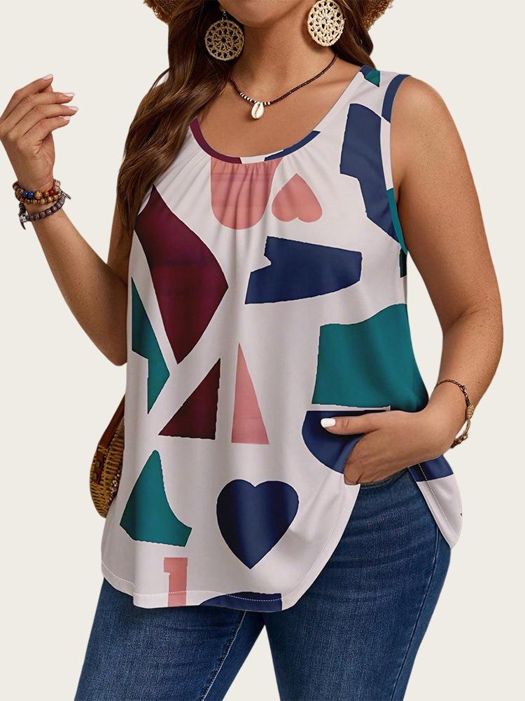 Трендовый женский топ без рукавов большого размера с джинсовым принтом - Европейская и американская летняя мода 2025