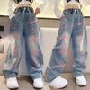 Blue Spring Teenagen Girls Jeans Stars Love Towel Embroidered Fashion Wide Leg Long Pants Baggy Denim Trousers Kids Girl