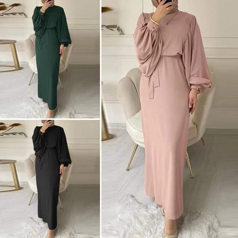 Southeast Asian Fashion Lantern Sleeves Waist Hip Crewneck Long Sleeve Women's Dress Plus Size