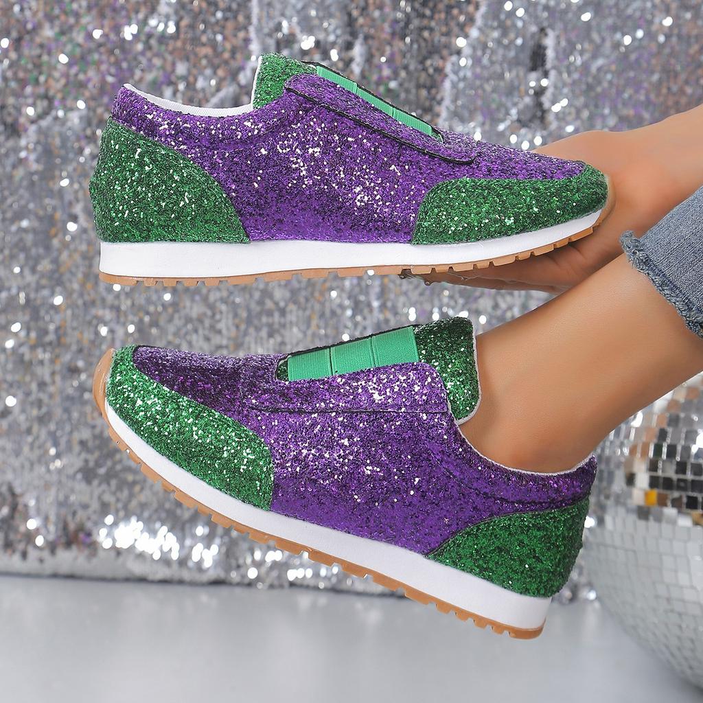 Women's Glitter Slip-On Flats, Rhinestone Elastic Platform Loafers, Round Toe Casual Shoes In Stock